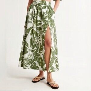 Abercrombie & Fitch Women's XLP Green Tropical Print Linen Blend Maxi Skirt